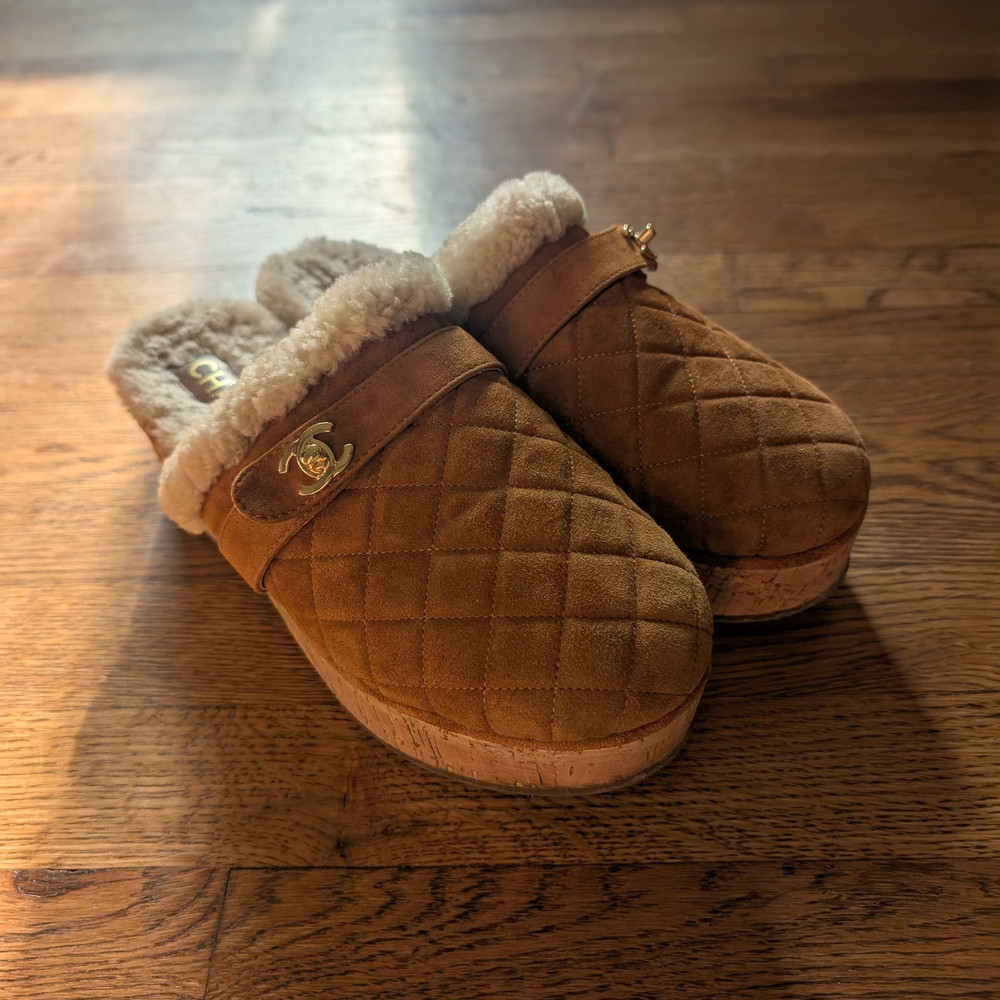 Chanel Quilted Brown Shearling Clogs
